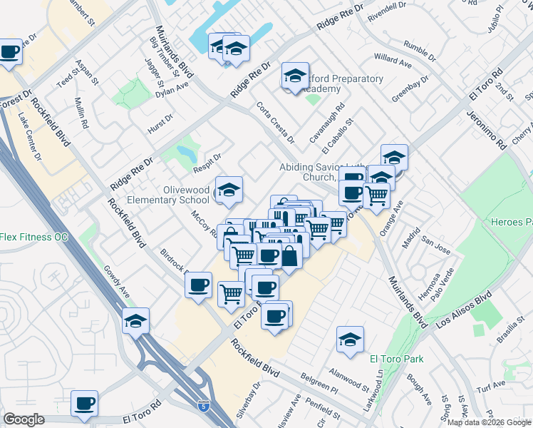 map of restaurants, bars, coffee shops, grocery stores, and more near 24521 Raymond Way in Lake Forest