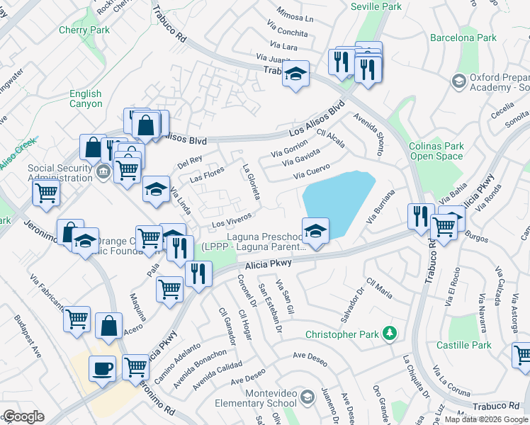 map of restaurants, bars, coffee shops, grocery stores, and more near 26306 Los Viveros in Mission Viejo