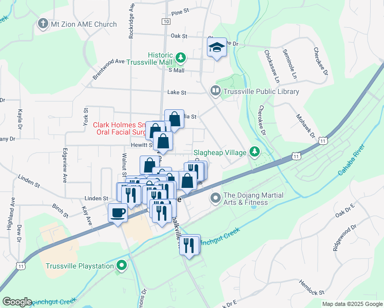map of restaurants, bars, coffee shops, grocery stores, and more near 421 Penny Lane in Trussville