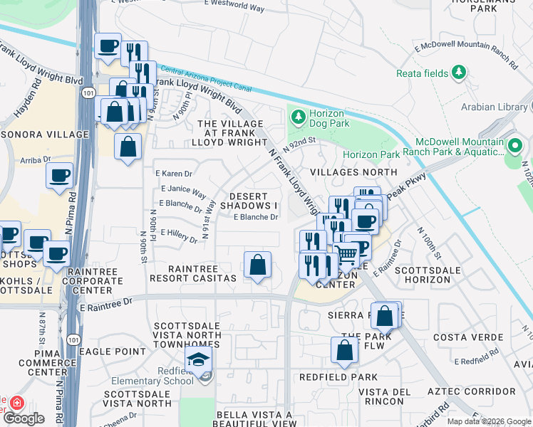 map of restaurants, bars, coffee shops, grocery stores, and more near 9366 East Pine Valley Road in Scottsdale