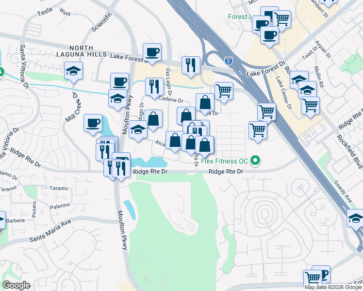 map of restaurants, bars, coffee shops, grocery stores, and more near 23151 Alcalde Drive in Laguna Hills
