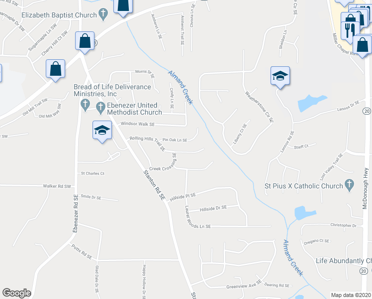 map of restaurants, bars, coffee shops, grocery stores, and more near 1730 Rolling Hills Trail Southeast in Conyers