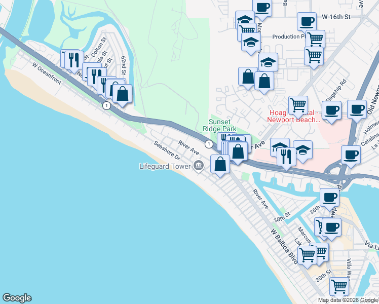 map of restaurants, bars, coffee shops, grocery stores, and more near 5015 River Avenue in Newport Beach
