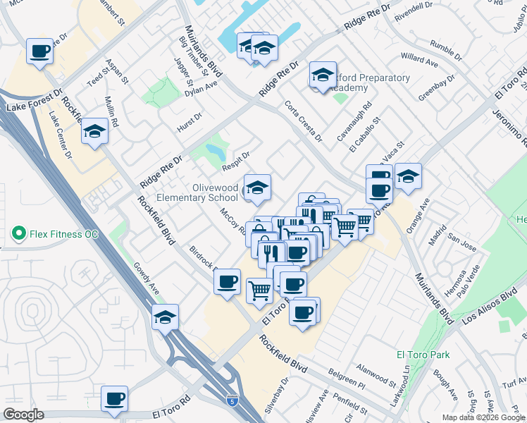 map of restaurants, bars, coffee shops, grocery stores, and more near 23372 Dune Mear Road in Lake Forest