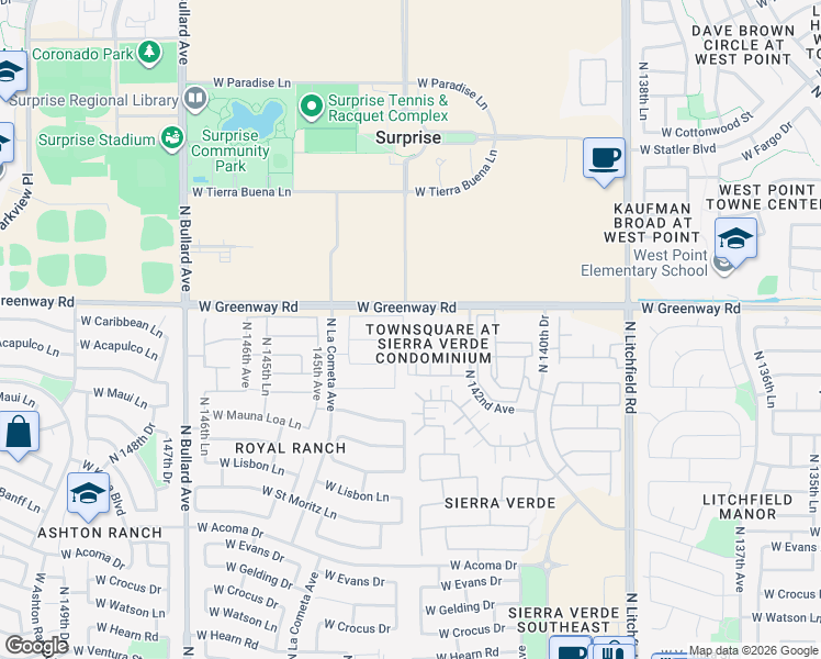 map of restaurants, bars, coffee shops, grocery stores, and more near 15240 North 142nd Avenue in Surprise