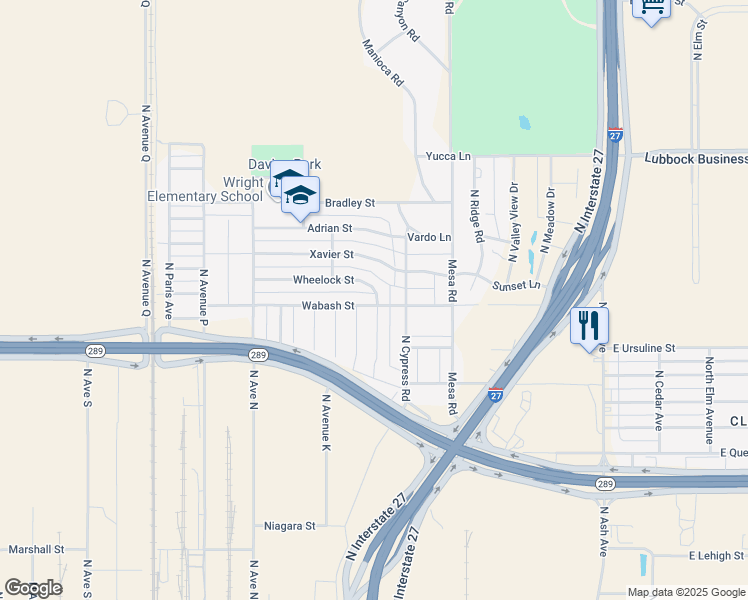 map of restaurants, bars, coffee shops, grocery stores, and more near 901-999 Wabash Street in Lubbock