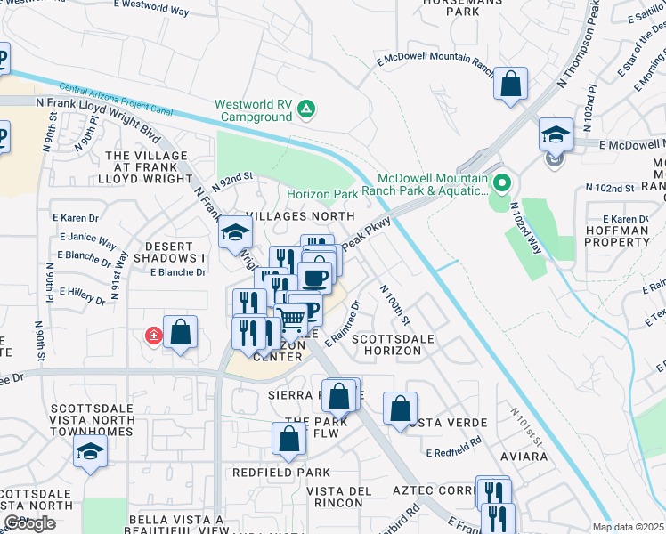 map of restaurants, bars, coffee shops, grocery stores, and more near 15031 North Thompson Peak Parkway in Scottsdale