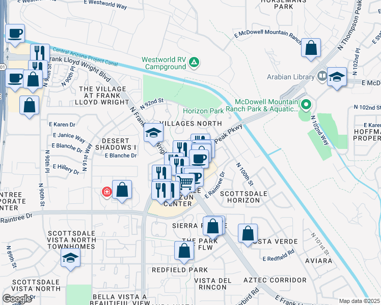 map of restaurants, bars, coffee shops, grocery stores, and more near 15035 North Thompson Peak Parkway in Scottsdale