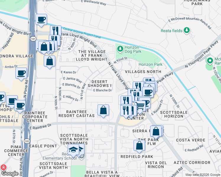 map of restaurants, bars, coffee shops, grocery stores, and more near 9366 East Pine Valley Road in Scottsdale