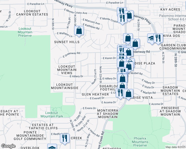map of restaurants, bars, coffee shops, grocery stores, and more near 2119 East Hillery Drive in Phoenix