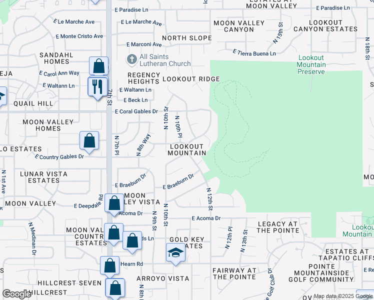 map of restaurants, bars, coffee shops, grocery stores, and more near 1121 East Country Gables Drive in Phoenix