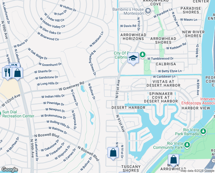 map of restaurants, bars, coffee shops, grocery stores, and more near 9202 West Pineridge Drive in Sun City