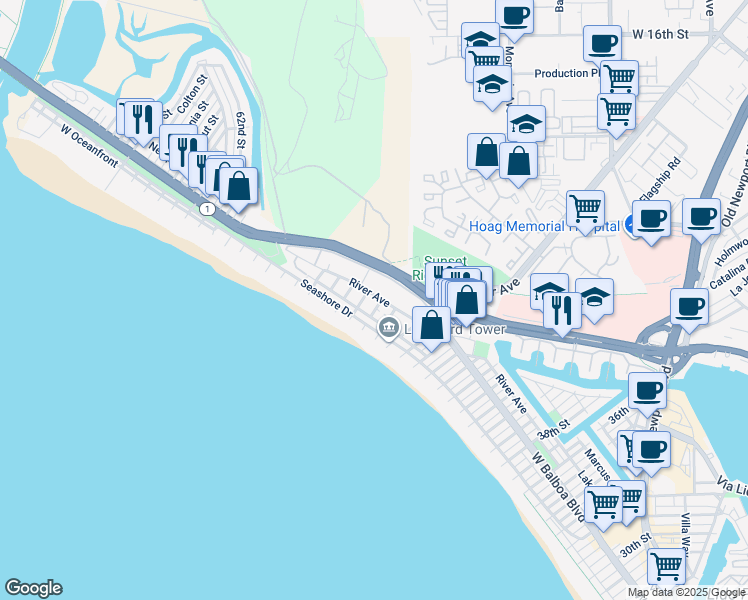 map of restaurants, bars, coffee shops, grocery stores, and more near 4914 Neptune Avenue in Newport Beach