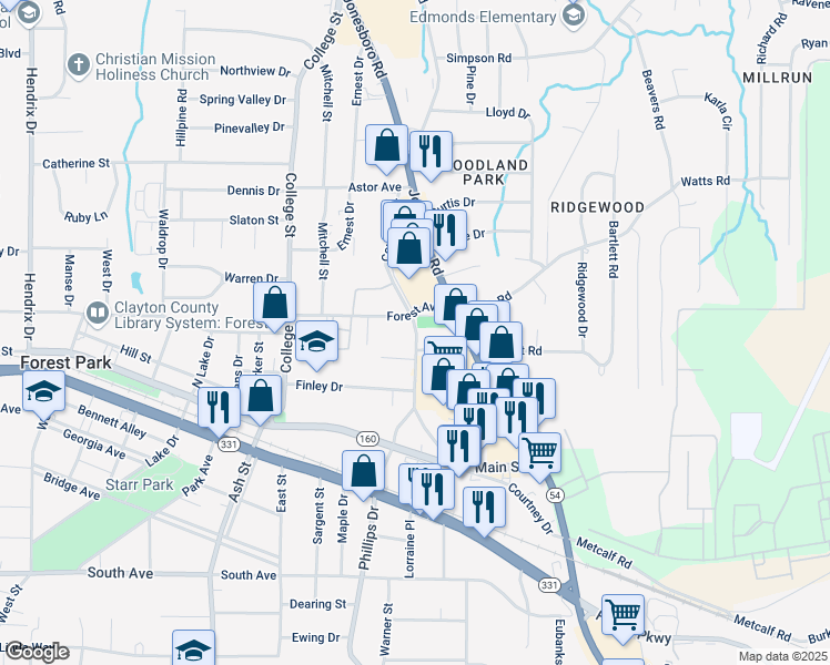 map of restaurants, bars, coffee shops, grocery stores, and more near 4834 Courtney Drive in Forest Park