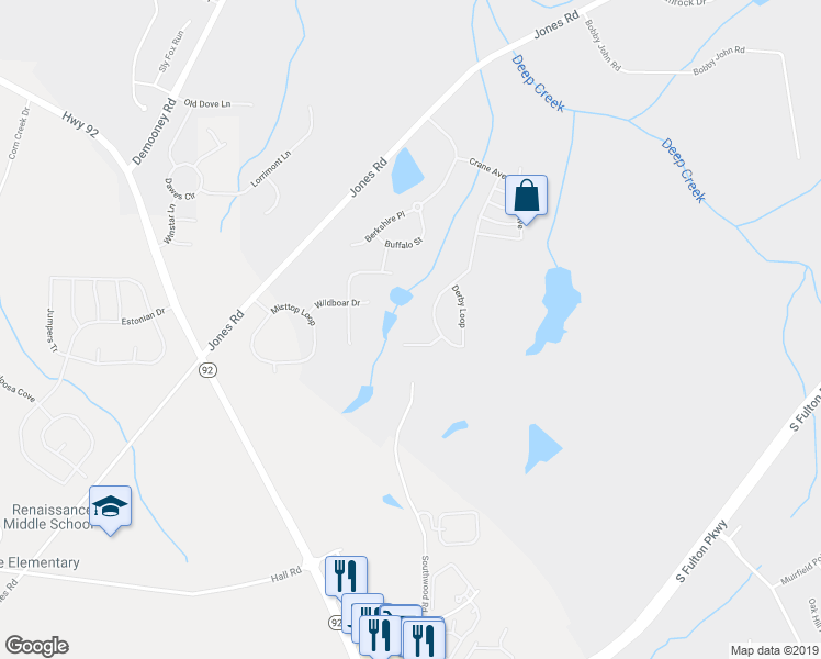 map of restaurants, bars, coffee shops, grocery stores, and more near 655 Wild Boar Court in Fairburn