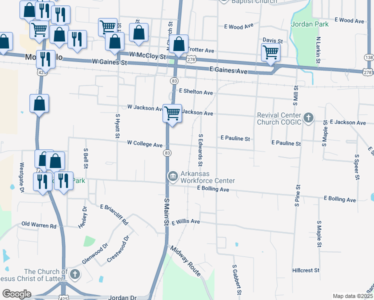 map of restaurants, bars, coffee shops, grocery stores, and more near 424 South Edwards Street in Monticello