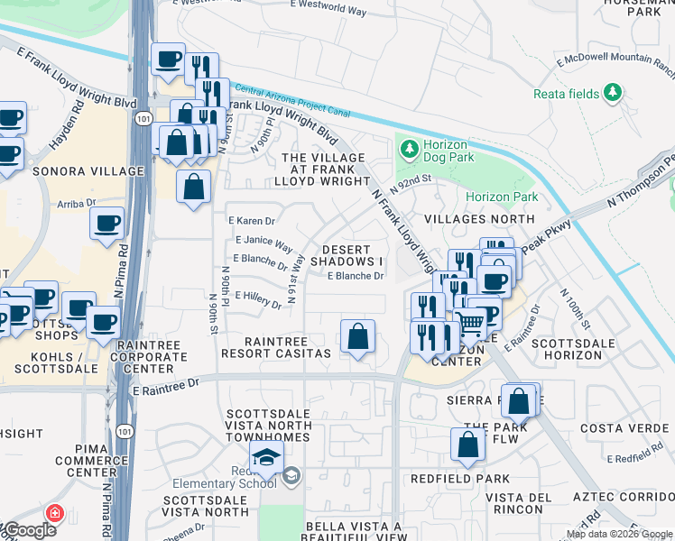 map of restaurants, bars, coffee shops, grocery stores, and more near 9289 East Blanche Drive in Scottsdale