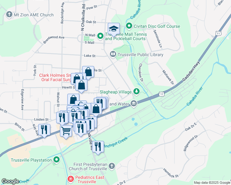 map of restaurants, bars, coffee shops, grocery stores, and more near 114 Meadow Lane in Trussville