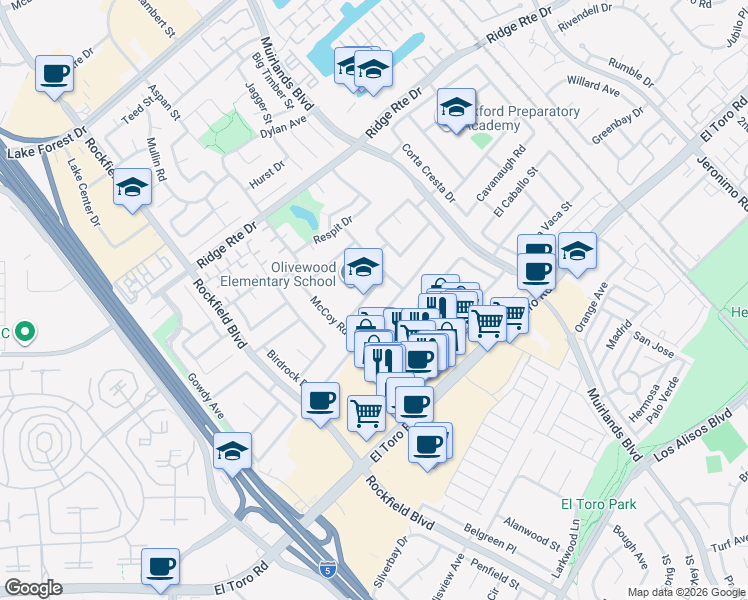 map of restaurants, bars, coffee shops, grocery stores, and more near 23422 Dune Mear Road in Lake Forest