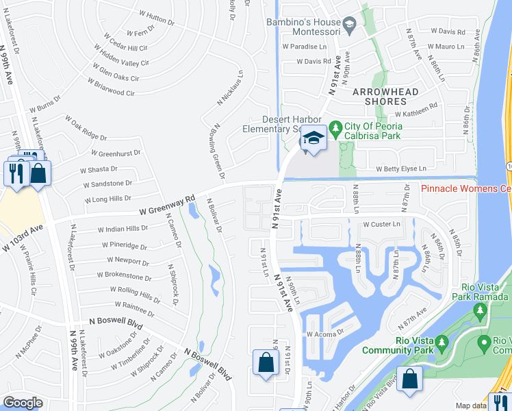 map of restaurants, bars, coffee shops, grocery stores, and more near West Desert Harbor Drive in Peoria