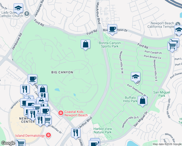 map of restaurants, bars, coffee shops, grocery stores, and more near 18 Pinehurst Lane in Newport Beach
