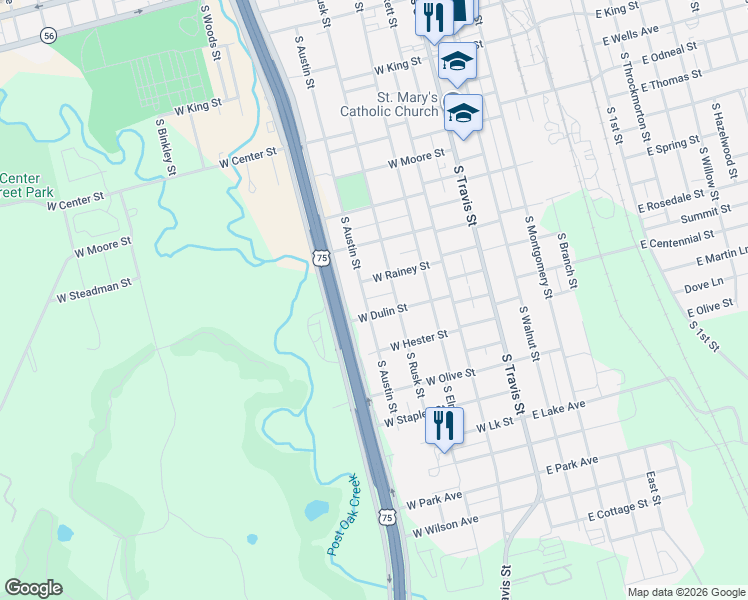 map of restaurants, bars, coffee shops, grocery stores, and more near 1226 South Austin Street in Sherman