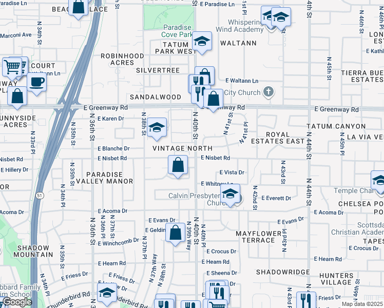 map of restaurants, bars, coffee shops, grocery stores, and more near 15020 North 40th Street in Phoenix