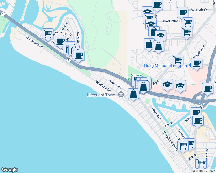 map of restaurants, bars, coffee shops, grocery stores, and more near 52nd Street in Newport Beach