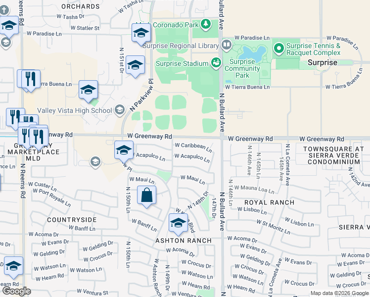 map of restaurants, bars, coffee shops, grocery stores, and more near 14872 West Acapulco Lane in Surprise