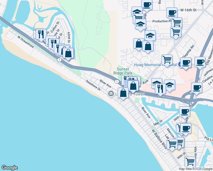 map of restaurants, bars, coffee shops, grocery stores, and more near 5011 River Avenue in Newport Beach