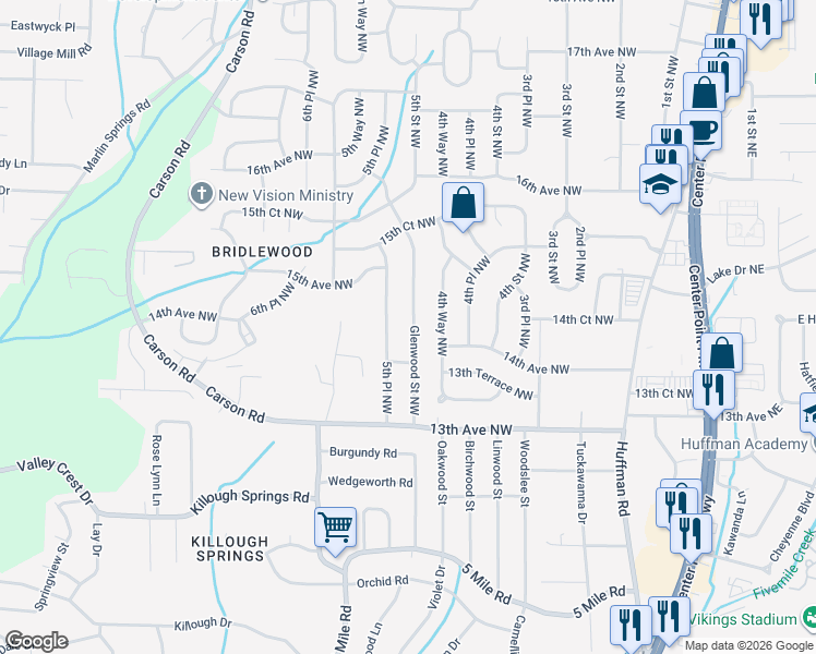 map of restaurants, bars, coffee shops, grocery stores, and more near 1364 Glenwood Street Northwest in Center Point