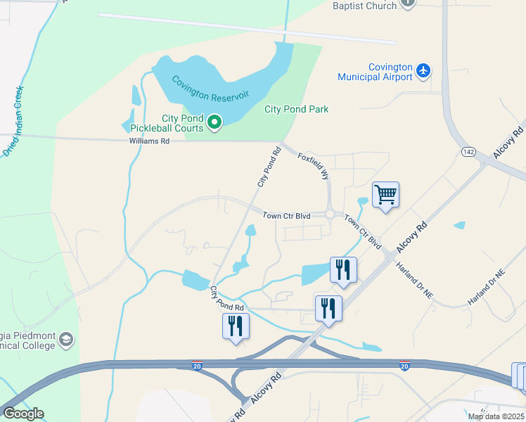 map of restaurants, bars, coffee shops, grocery stores, and more near 10500 Town Center Boulevard in Covington