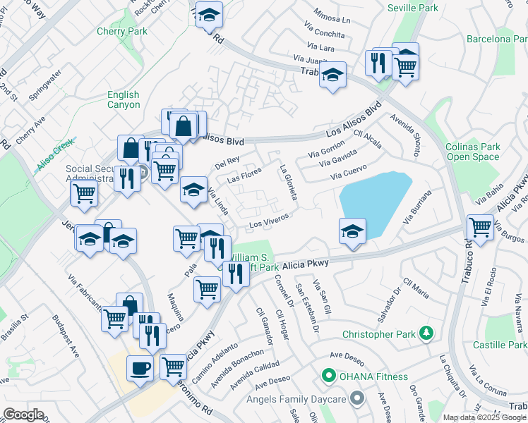 map of restaurants, bars, coffee shops, grocery stores, and more near 26151 Sanz in Mission Viejo