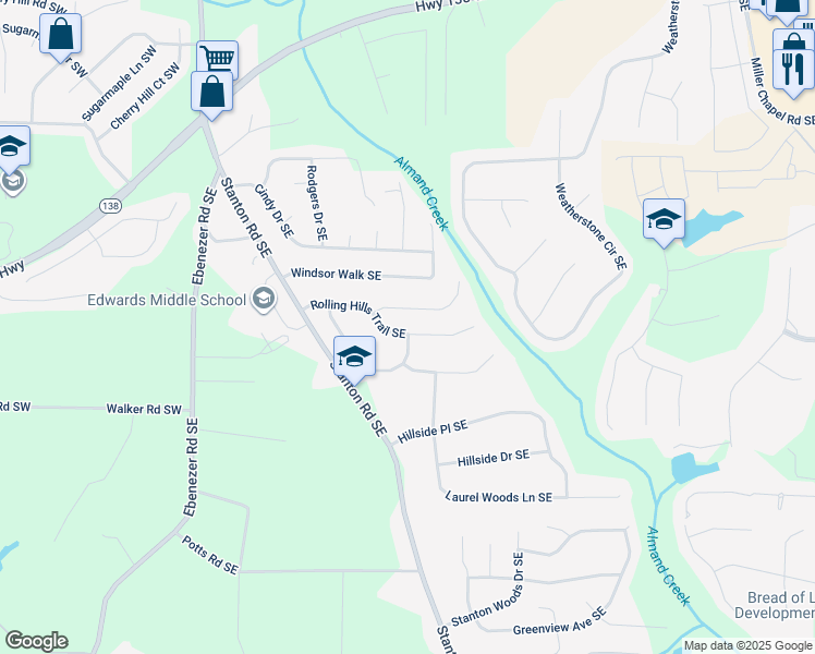 map of restaurants, bars, coffee shops, grocery stores, and more near 1660 Creek Crossing Southeast in Conyers