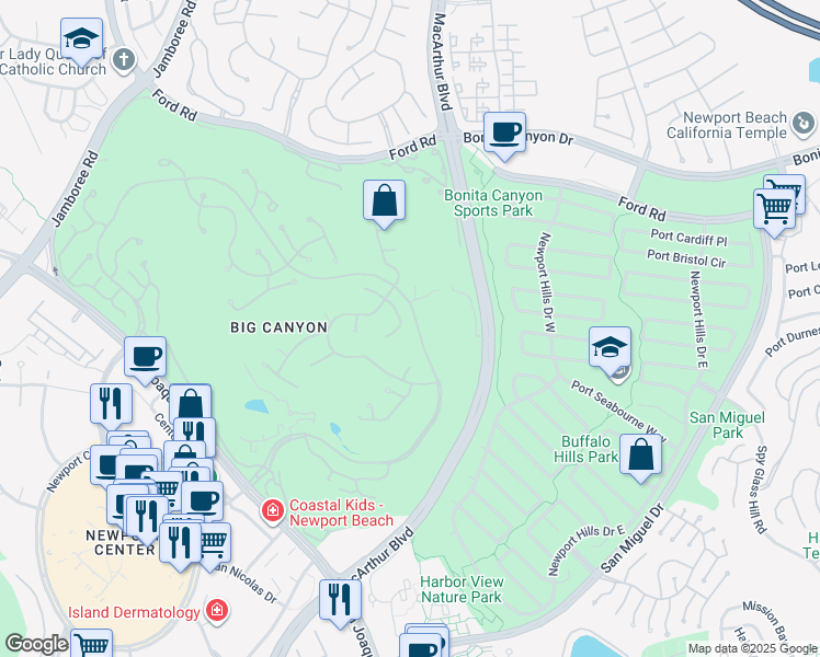 map of restaurants, bars, coffee shops, grocery stores, and more near 18 Pinehurst Lane in Newport Beach