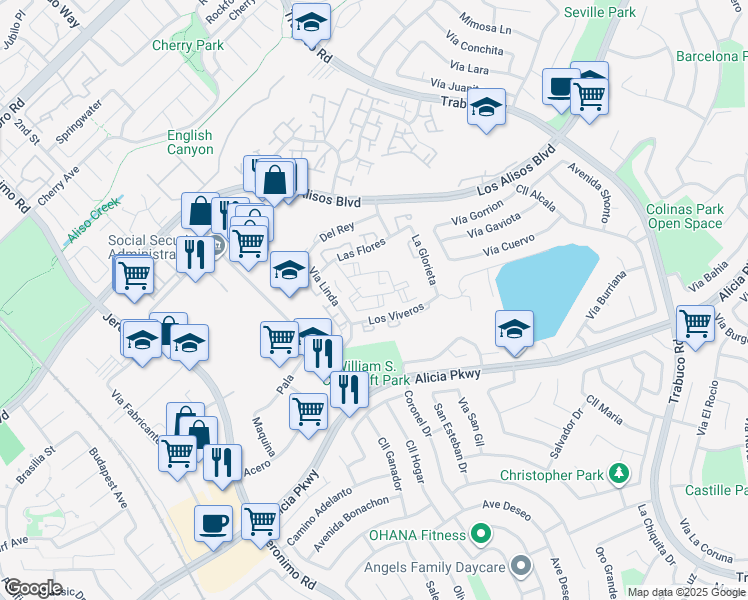 map of restaurants, bars, coffee shops, grocery stores, and more near 26192 Sanz in Mission Viejo