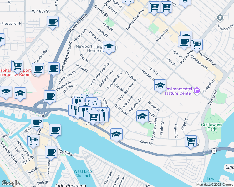 map of restaurants, bars, coffee shops, grocery stores, and more near 430 Tustin Avenue in Newport Beach