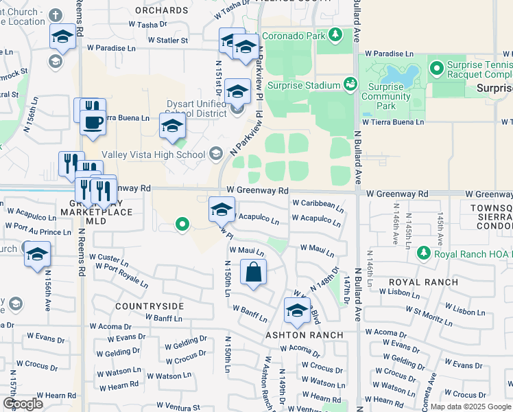 map of restaurants, bars, coffee shops, grocery stores, and more near 14955 West Acapulco Lane in Surprise