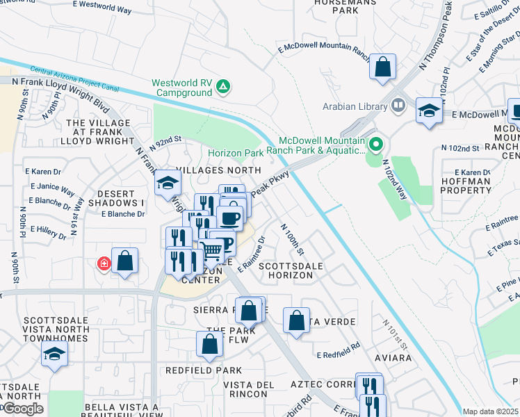 map of restaurants, bars, coffee shops, grocery stores, and more near 14951 North 97th Place in Scottsdale