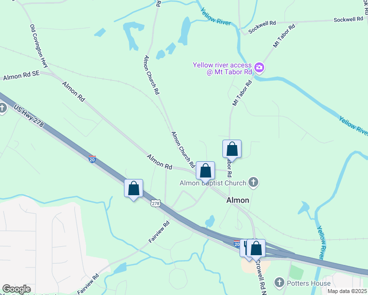 map of restaurants, bars, coffee shops, grocery stores, and more near 98 Almon Church Road in Covington