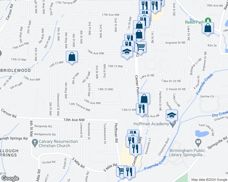 map of restaurants, bars, coffee shops, grocery stores, and more near 101 14th Court Northwest in Center Point