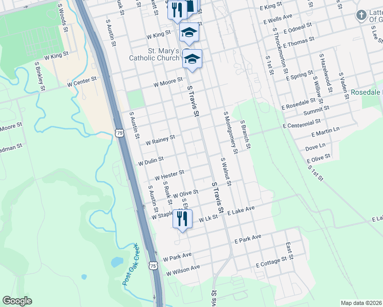 map of restaurants, bars, coffee shops, grocery stores, and more near 1323 South Crockett Street in Sherman