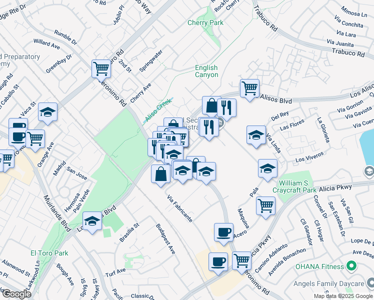 map of restaurants, bars, coffee shops, grocery stores, and more near 133 Aliso Ridge Loop in Mission Viejo