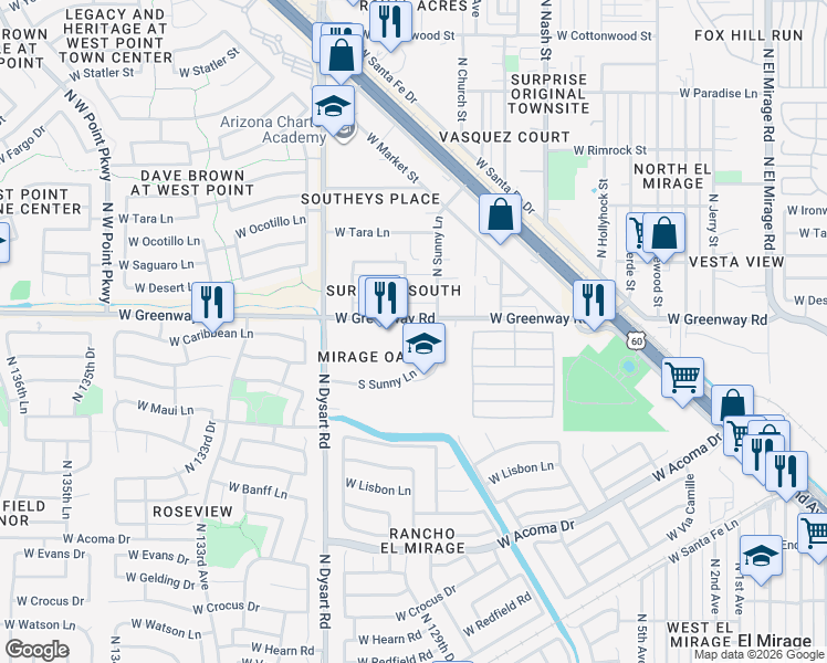 map of restaurants, bars, coffee shops, grocery stores, and more near 12945 West Greenway Road in El Mirage