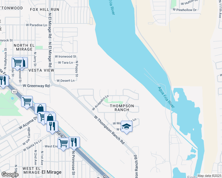 map of restaurants, bars, coffee shops, grocery stores, and more near 15221 North Honcho Court in El Mirage