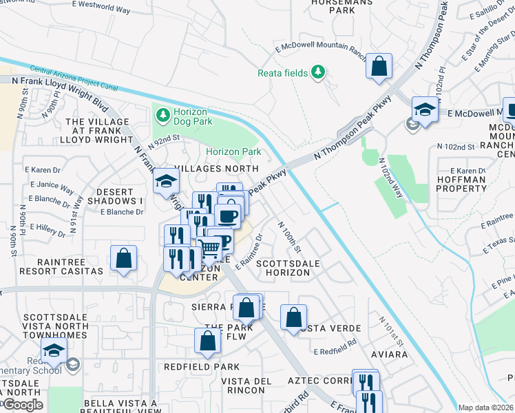 map of restaurants, bars, coffee shops, grocery stores, and more near 14951 North 97th Place in Scottsdale