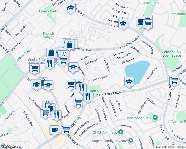 map of restaurants, bars, coffee shops, grocery stores, and more near 26192 Sanz in Mission Viejo
