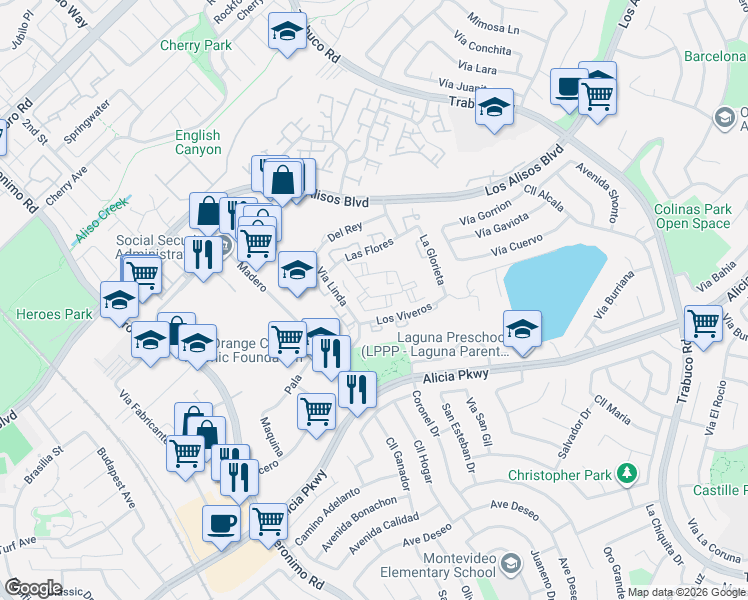 map of restaurants, bars, coffee shops, grocery stores, and more near 26192 Sanz in Mission Viejo