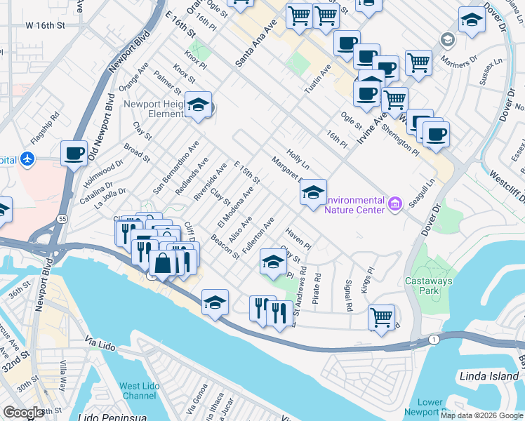 map of restaurants, bars, coffee shops, grocery stores, and more near 522 Aliso Avenue in Newport Beach