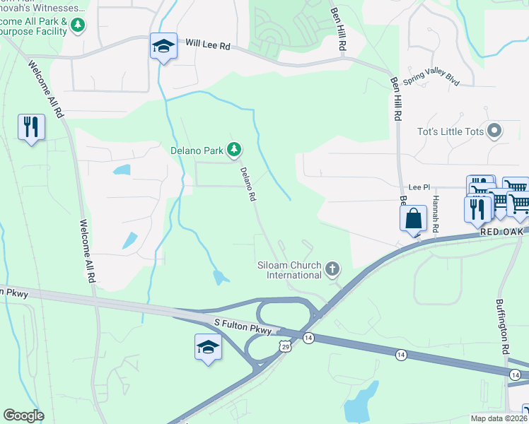 map of restaurants, bars, coffee shops, grocery stores, and more near 4870 Delano Road in College Park